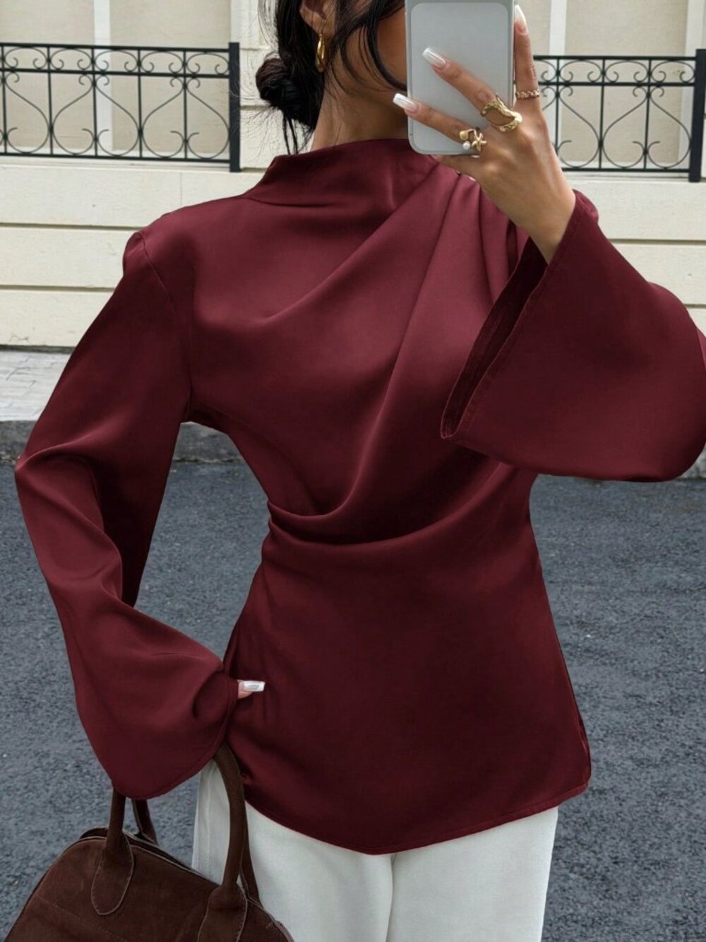 Burgundy Elegant Women's Draped Ruched Button Top